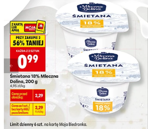Śmietana 18% Mlezna Dolina 200g (przy zakupie 2 op.) - Biedronka