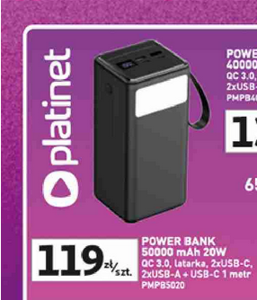 Powerbank PLATiNET 50 000 mAh QC 3.0 22W + przewód ładujący USB-C 1 metr