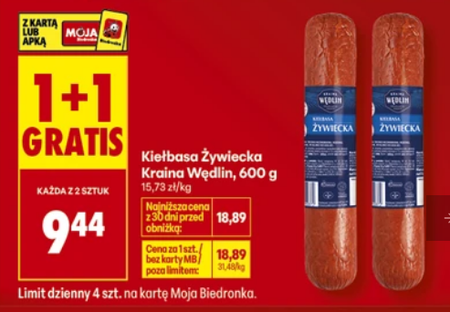 Kiełbasa Żywiecka Kraina Wędlin 600g (1+1 GRATIS) - Biedronka