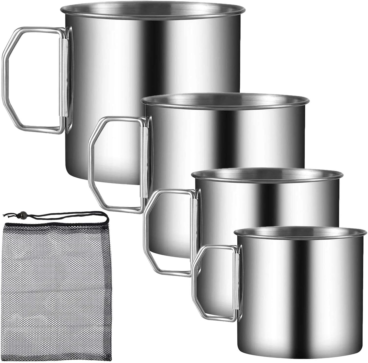4 SZTUKI - Bushcraft kubek kempingowy ze stali nierdzewnej (poj. 760 ml 550 ml 350 ml 250 ml) + torba do przechowywania