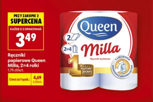 Ręczniki papierowe Queen Milla 2=4 rolki (przy zakupie 2 opakowań) - Biedronka