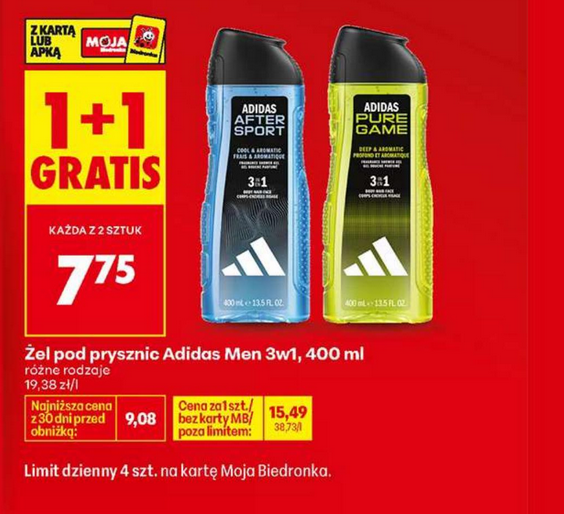 Żel pod prysznic Adidas Men 3w1 400 ML (1+1 GRATIS) - Biedronka