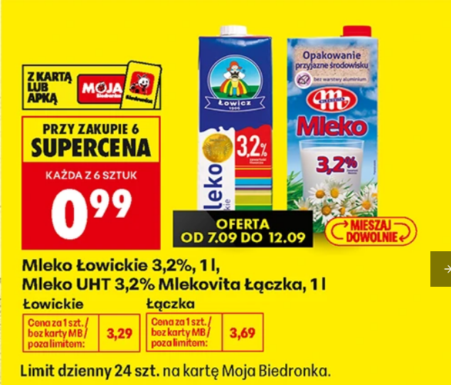 Mleko UHT 3.2 Mlekovita Łączka lub Mleko Łowickie 3.2% 1 L (przy zakupie 6 szt.) - Biedronka