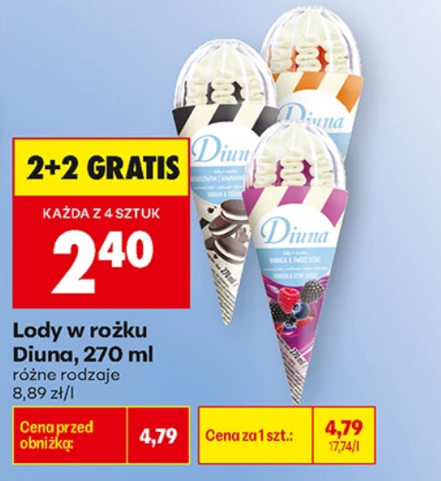 Lody w rożku Diunam 270 ml różne rodzaje (2+2 GRATIS) - Biedronka