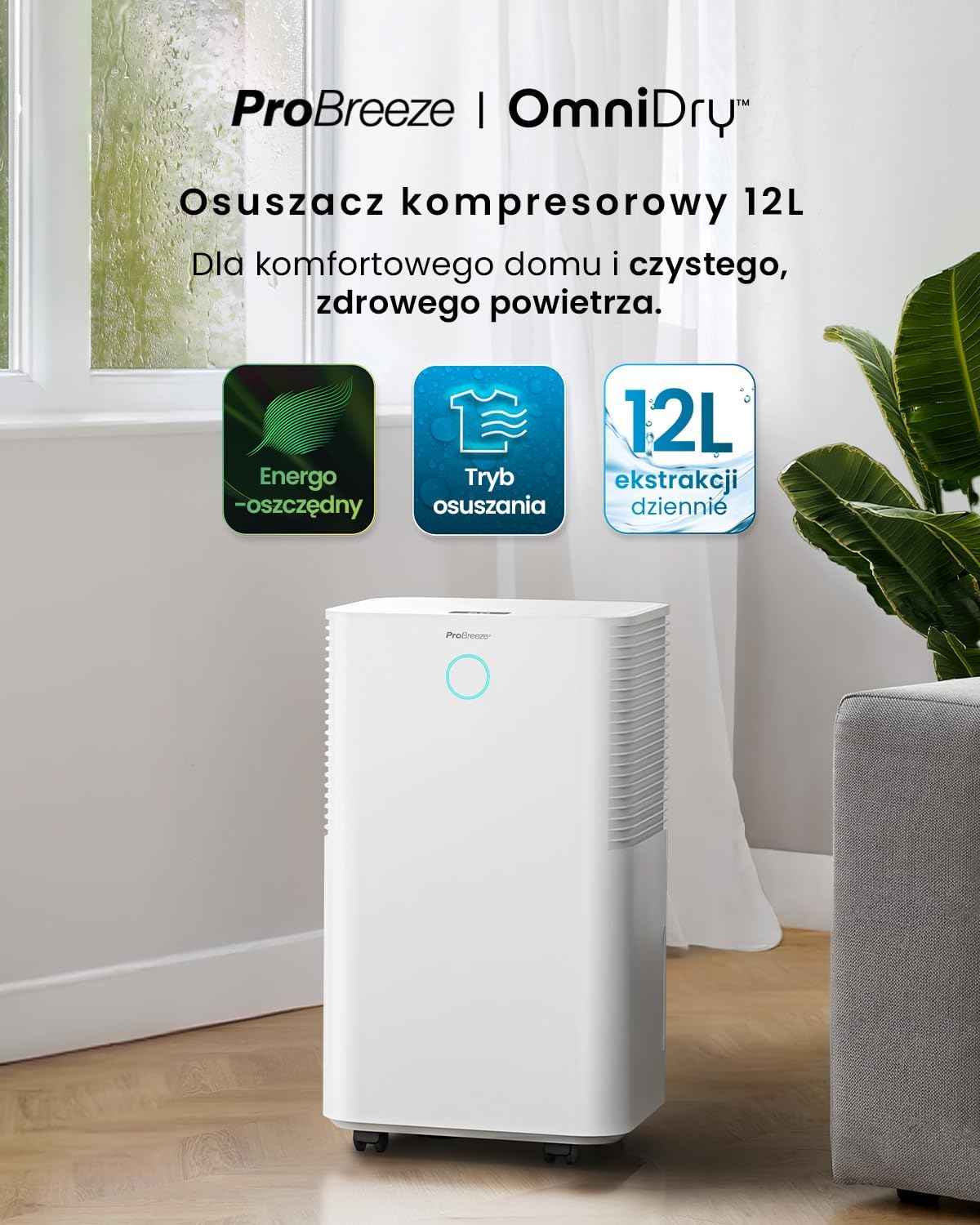 Pro Breeze® OmniDry Osuszacz Powietrza 12L/Dzień z Czujnikiem Wilgotności