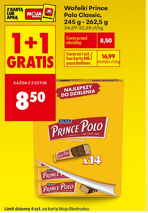 Wafelki Prince Polo Classic 245-262.5 g (1+1 GRATIS) - 60 groszy/szt- Biedronka
