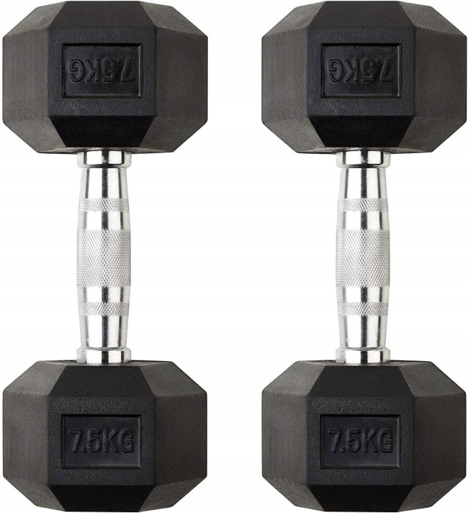2 SZTUKI - Hantel Żeliwny hantla ciężarek Gumowany HEX 7,5 kg - od matmay-outlet