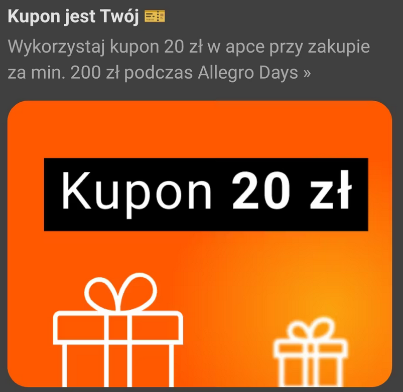 KUPON 20 PLN za zakupy za min. 200 PLN - Allegro Days (dla wybranych)