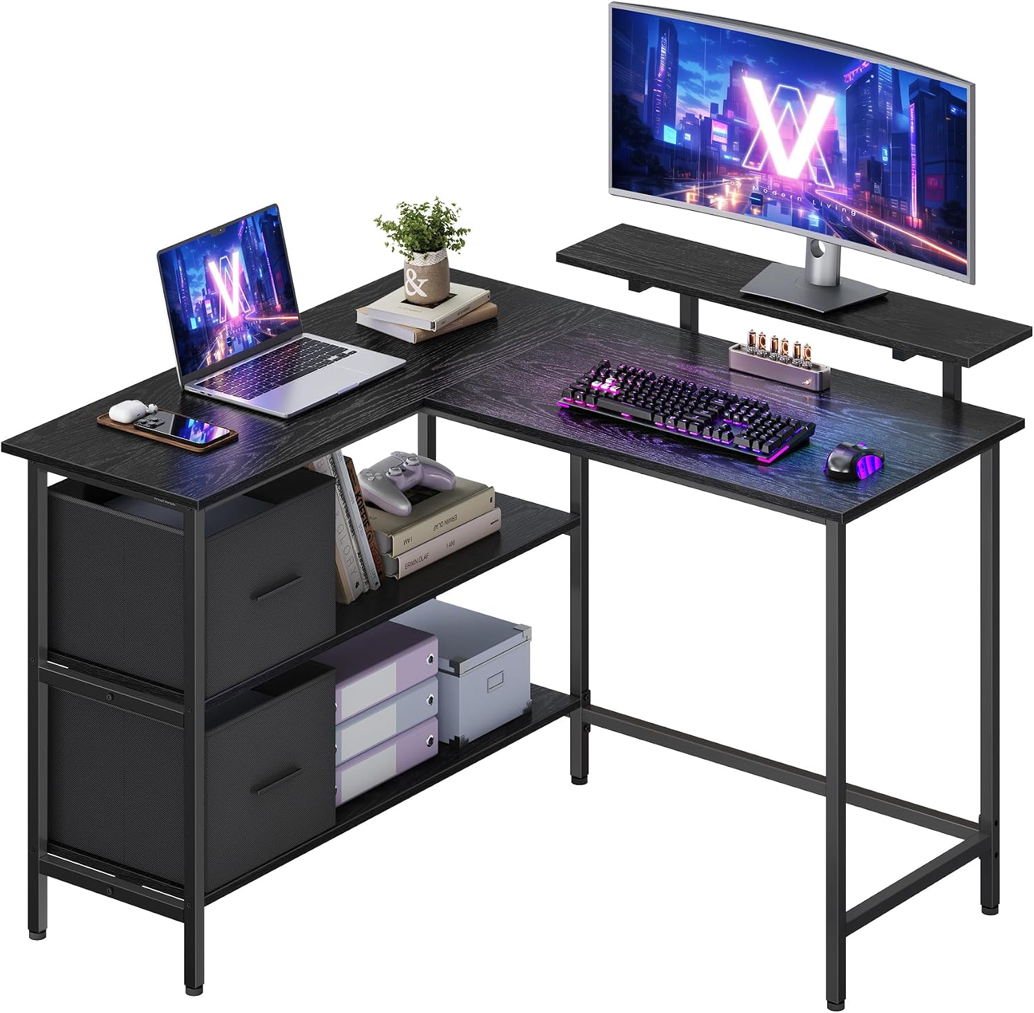 VASAGLE Biurko w kształcie litery L 2 szuflady z podstawą pod monitor