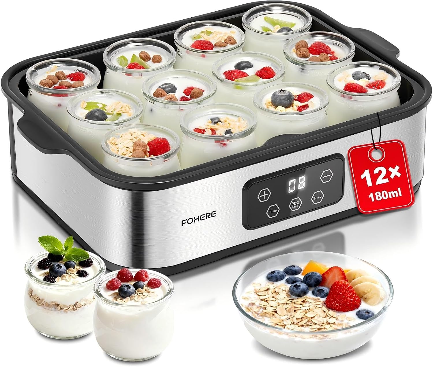 FOHERE Jogurtownica 25W Zawierająca 12 Szklanych Pojemników - 180 ml