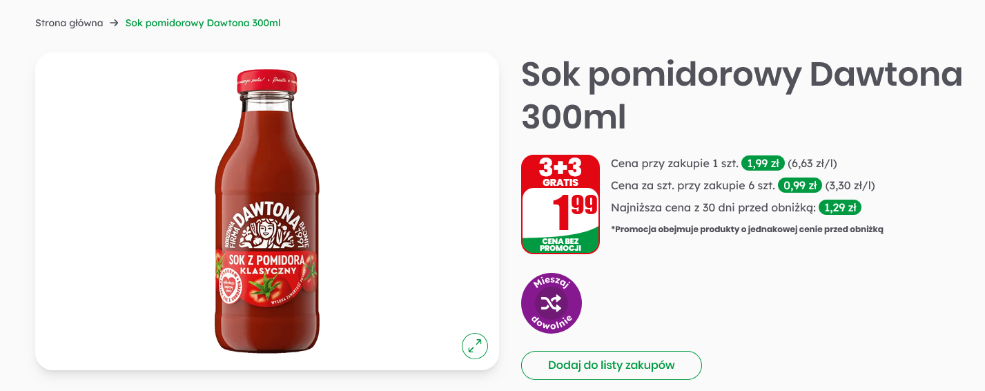 Sok pomidorowy Dawtona Klasyczny 300ml (3+3 GRATIS) - DINO