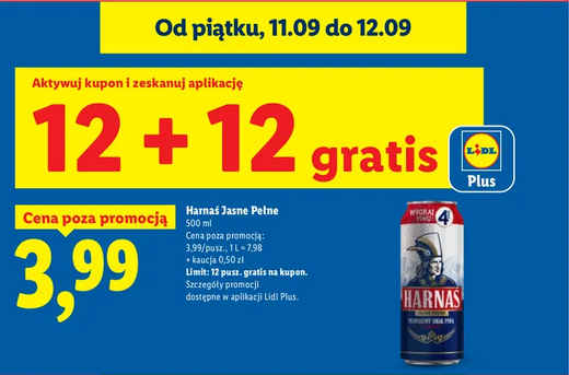 Piwo Harnaś Jasne Pełne 500 ML (12+12 GRATIS) - LIDL
