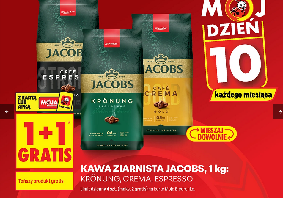 Kawa ziarnista Jacobs 1 KG - Kronnung Crema i Espresso (1+1 GRATIS) - Biedronka