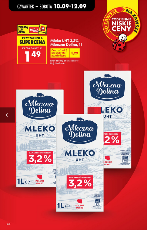 Mleko UHT 3.2% Mleczna Dolina 1 L (przy zakupie 6 sztuk) - Biedronka