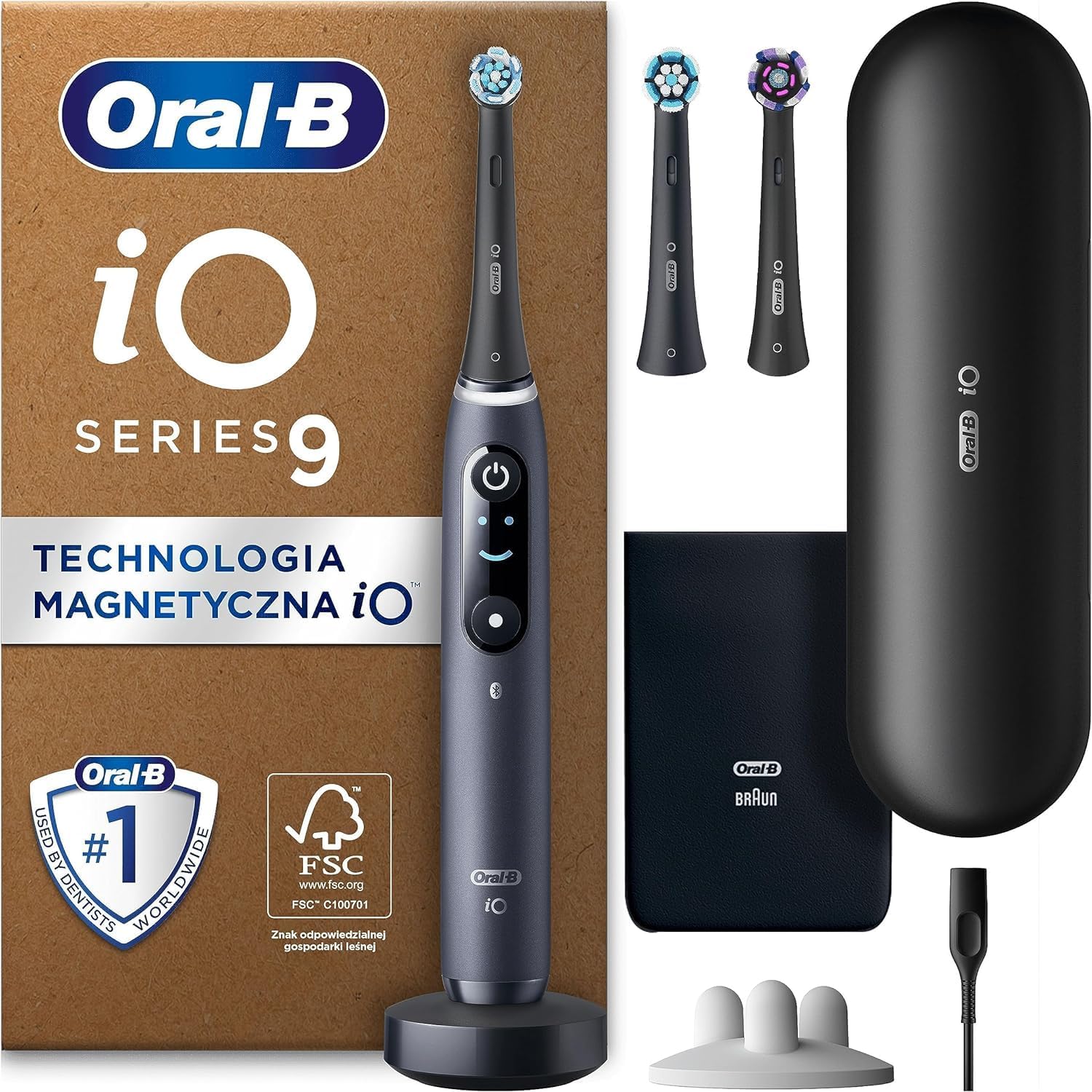 Oral-B iO Seria 9 Szczoteczka Elektryczna Magnetyczna + 2 dodatkowe główki + etui z funkcją ładowania + pokrowiec + uchwyt na główki