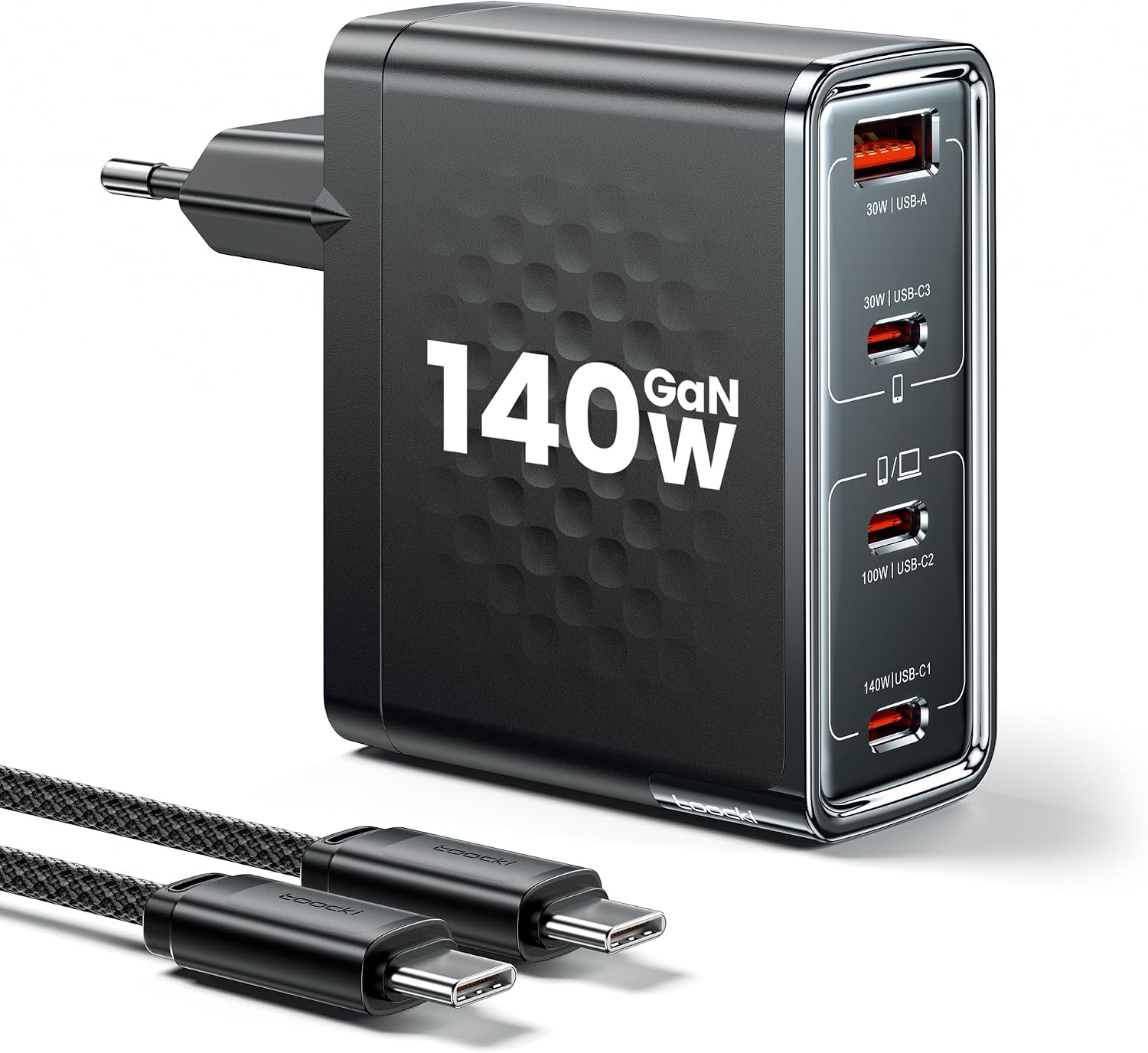 Toocki 140W 4-portowa ładowarka sieiowa USB C GaN PD3.1 + 2 metrowy kabel ładujący USB-C
