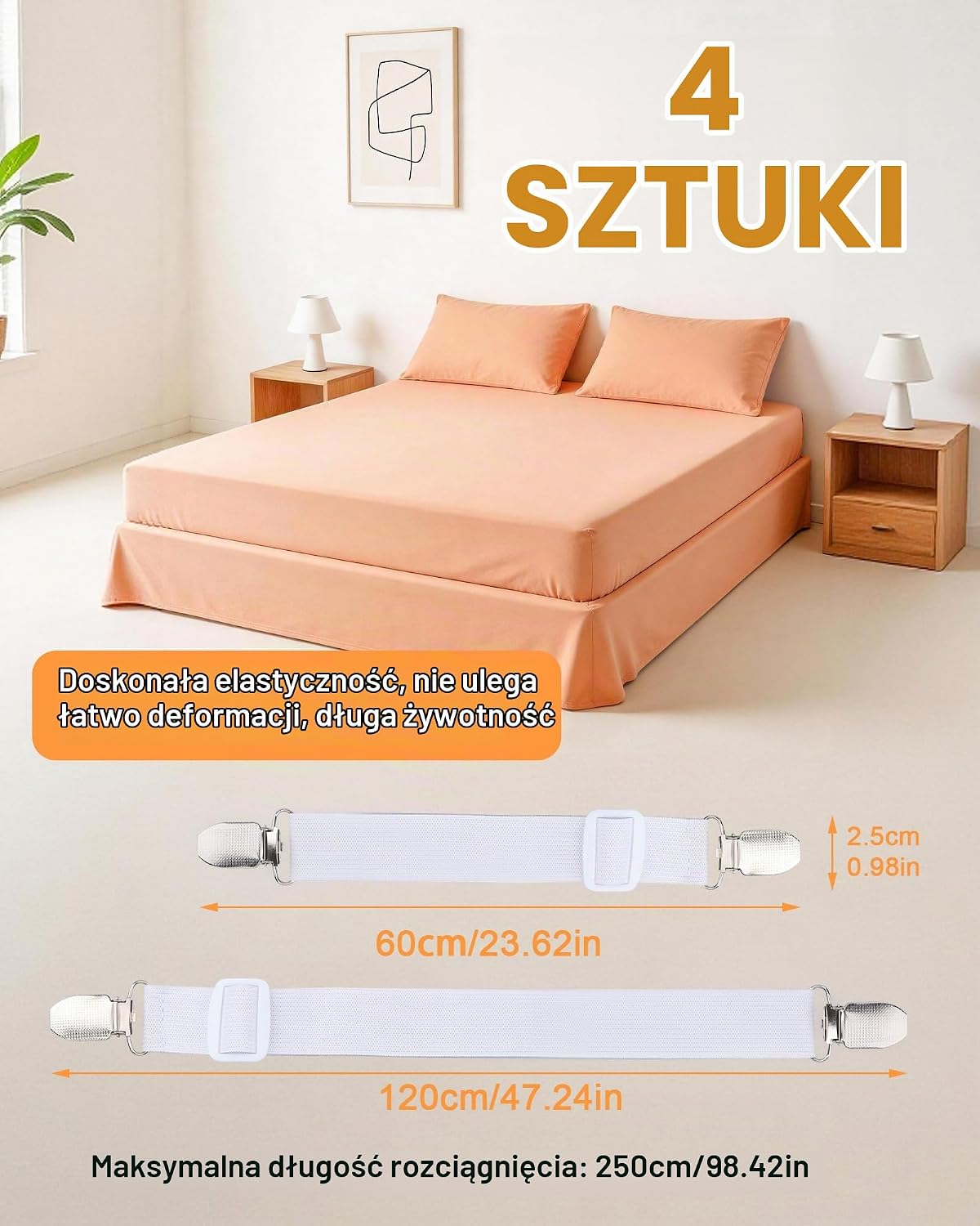 ACUAL 4 Paski do Prześcieradeł Klipsy do Prześcieradeł Regulowane 60-250cm (białe lub czarne)
