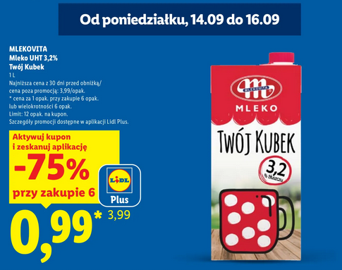 MLEKOVITA Mleko UHT 3.2% Twój Kubek 1 L (przy zakupie 6 op.) - LIDL