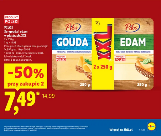 PILOS Ser gouda i edam w plastrach XXL 2 x 250g (przy zakupie 2 op.) - LIDL
