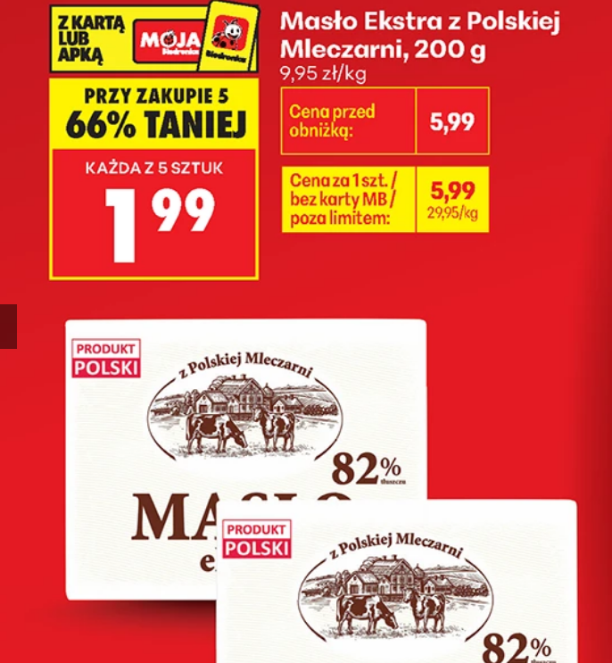 Masło Ekstra z Polskiej Mleczarni 200g (przy zakupie 5 sztuk) - Biedronka