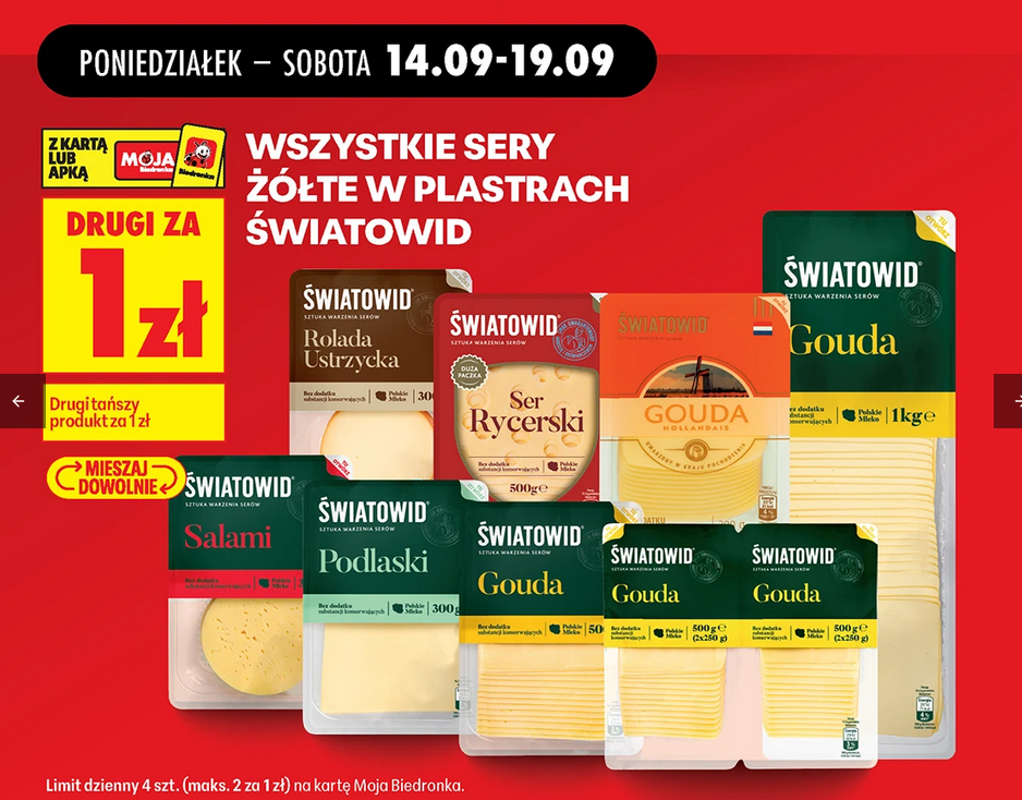 Wszystkie żółte sery w plastrach Światowid (drugi za 1 PLN) - Biedronka