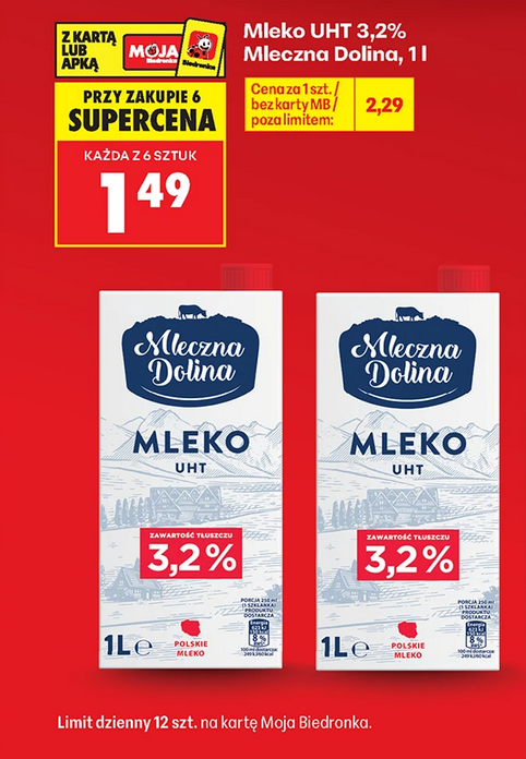 Mleko UHT 3.2% Mleczna Dolina 1L (przy zakupie 6 op.) - Biedronka