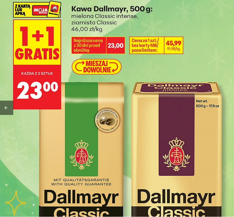 Kawa mielona lub ziarnista DallMayr 500g (1+1 GRATIS) - Biedronka