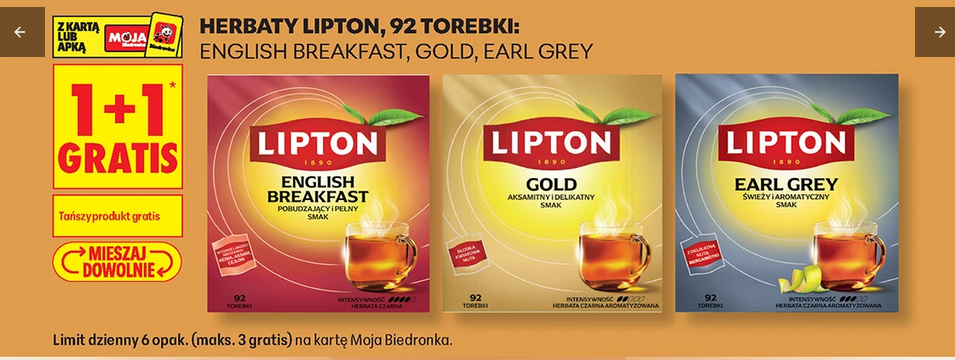 Herbaty LIPTON 92 torebki rózne rodzaje (1+1 GRATIS) - Biedronka