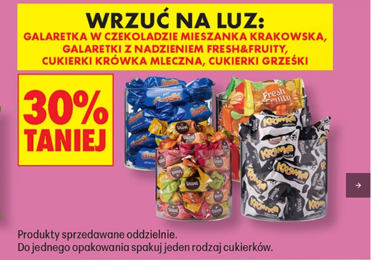 Galaretka w czekoladzie Mieszanka Krakowska Galaretki z nadzieniem Fresh&Fruity Krówka mleczna i cukierki Grześki 1 KG - Biedronka