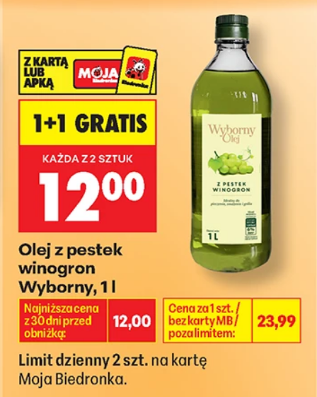 Olej z pestek winogron Wyborny 1 L (1+1 GRATIS) - Biedronka