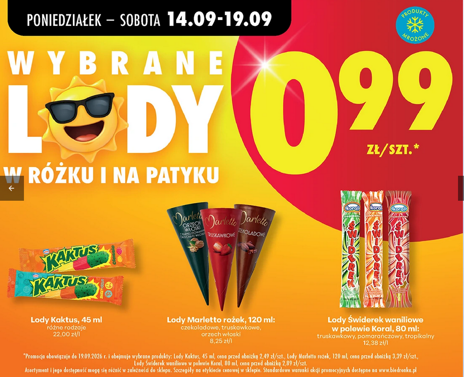Wybrane lody w rożku i na patyku - Biedronka