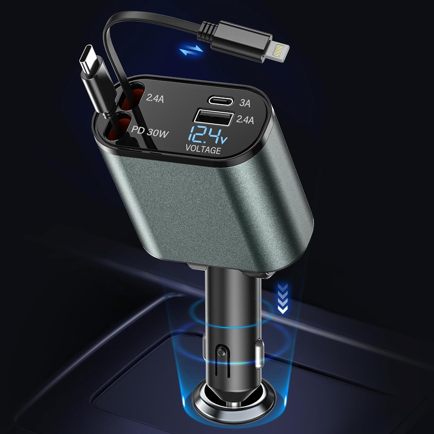 Ładowarka samochodowa USB-C 4w1 56W ładowarka samochodowa z 2 zwijanymi kablami
