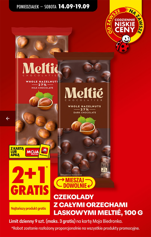 Czekolady z całymi orzechami laskowymi MELITiE 100 g (2+1 GRATIS) - Biedronka