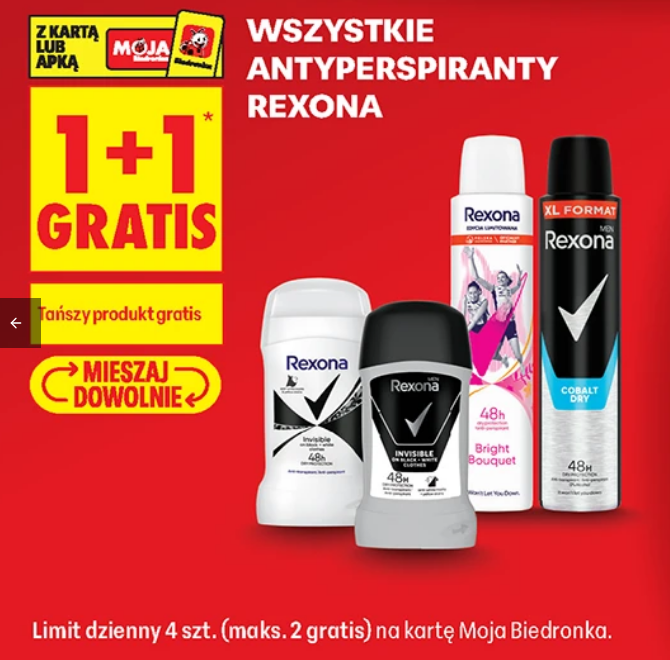 Wszystkie antyperspiranty REXONA (1+1 GRATIS) - Biedronka