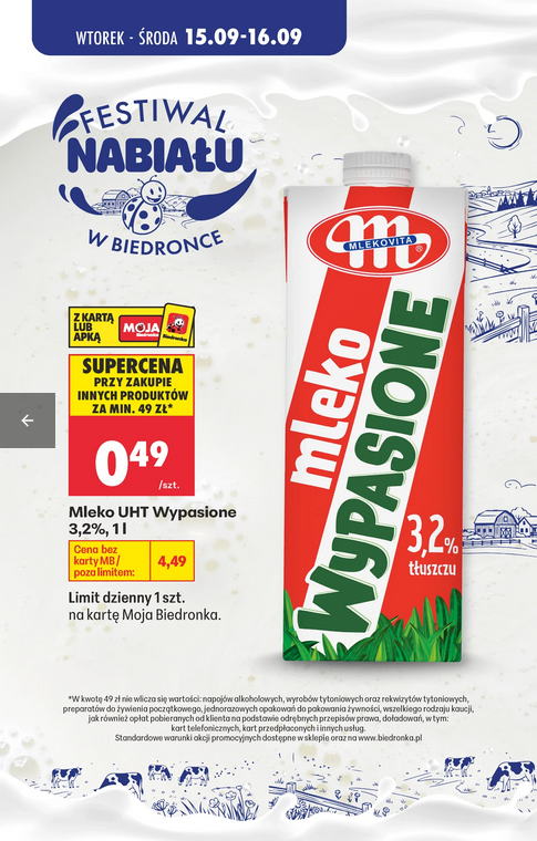Mleko UHT Wypasione 3.2% 1 L (przy zakupach innych prod. za min. 49 PLN) - Biedronka