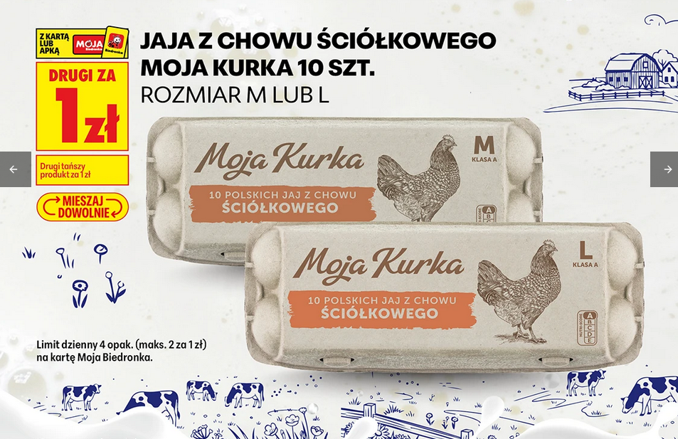 Jaja z chowu ściółkowego MOJA KURKA rozm. M lub L 10 szt (drugi produkt za 1 PLN) - Biedronka