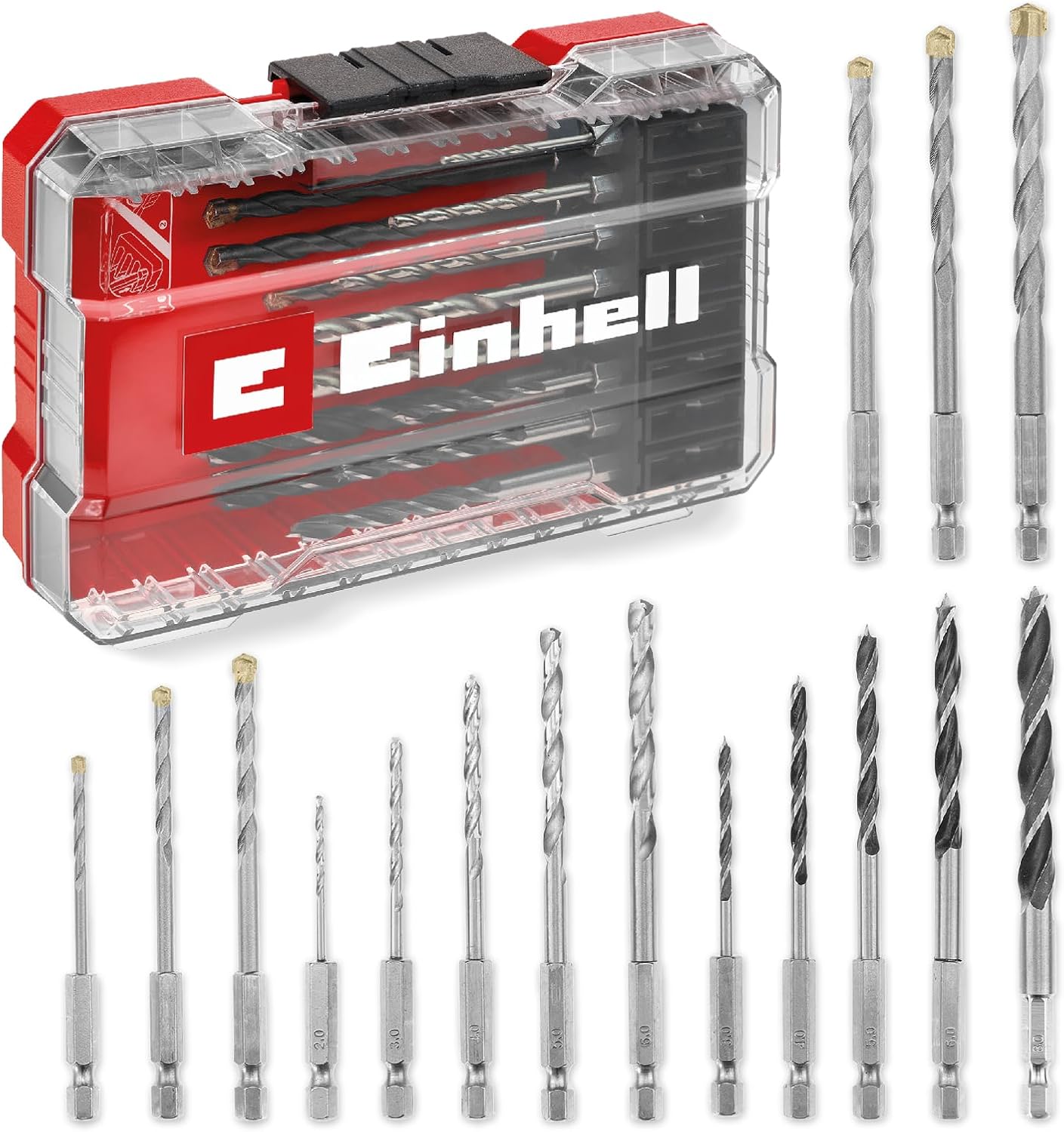 Einhell M-CASE 16-częściowy zestaw wierteł (wiertło do drewna wiertła do kamienia i wiertła do metalu z trzonkiem)