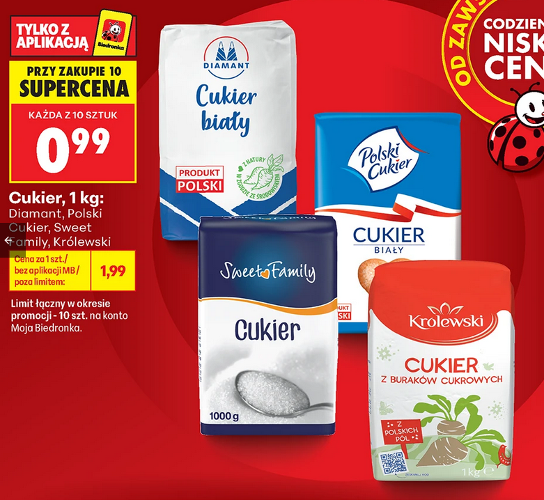 Cukier różni producenci 1kg (przy zakupie 10 op.) - Biedronka