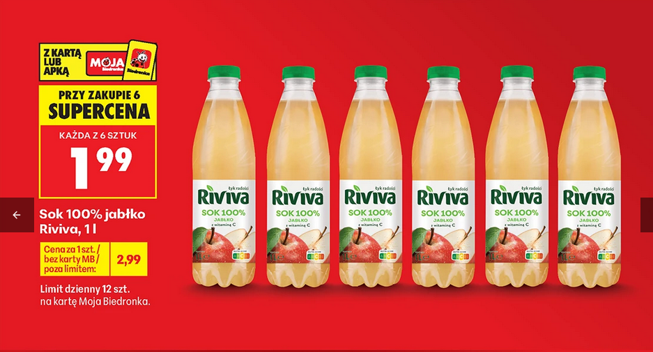 Sok 100% jabłko RiViVA 1 L (przy zakupie 6 butelek) - Biedronka