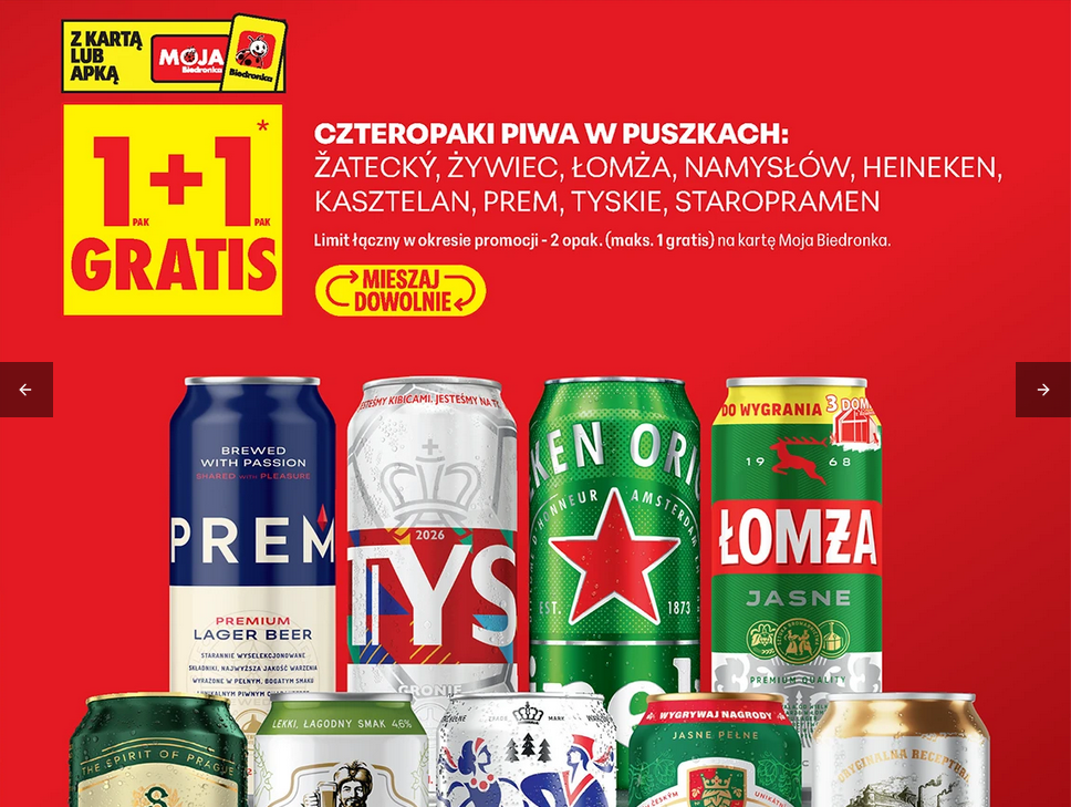 Czteropaki piwa w puszkach różne gatunki (1+1 GRATIS) - Biedronka