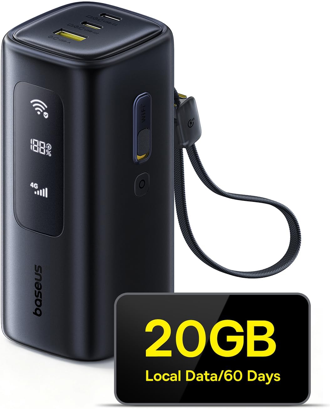 Powerbank i HotSpot w jednym Baseus EnerGeek MiFi 67 W 20 000 mAh chowany kabel ładujący (pobieranie 4G/LTE do 150 Mbit/s / 50 Mbit/s upload)
