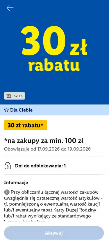 RABAT -30.00 PLN przy zakupach za min.100 PLN (dla wybranych) - LIDL