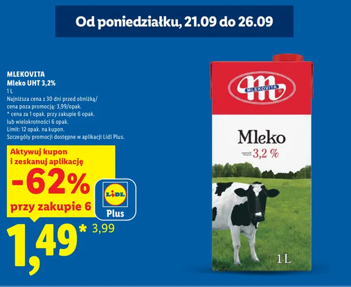 MLEKOVITA Mleko UHT 3.2% 1 L (przy zakupie 6 sztuk) - LIDL