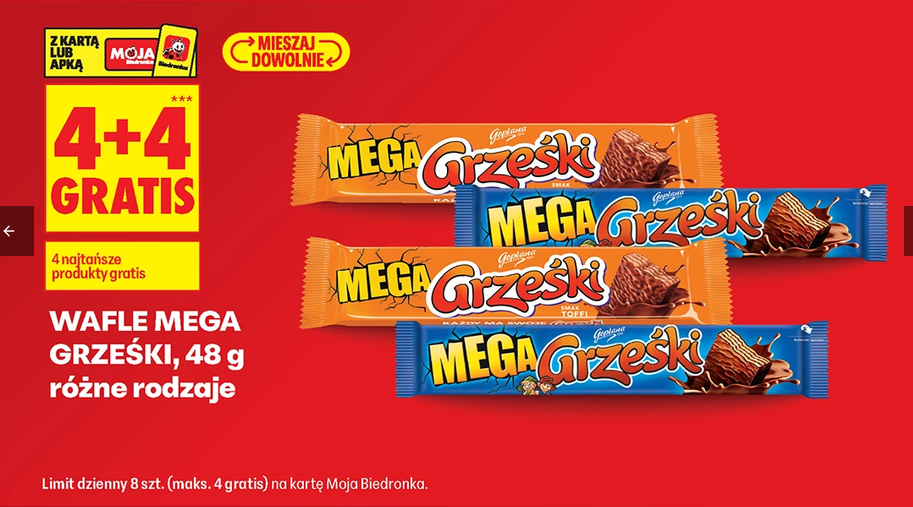 Wafle MEGA Grześki 48g różne rodzaje (4+4 GRATIS) - Biedronka