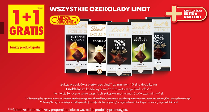 Wszystkie czekolady LINDT (1+1 GRATIS) - Biedronka