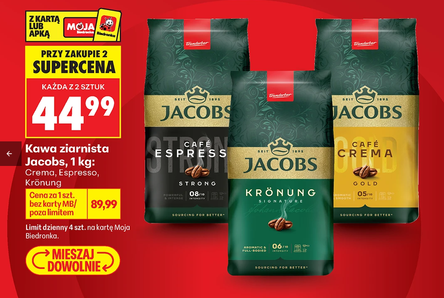 Kawa ziarnista Jacobs różne rodzaje 1 KG (przy zakupie 2 opakowań) - Biedronka