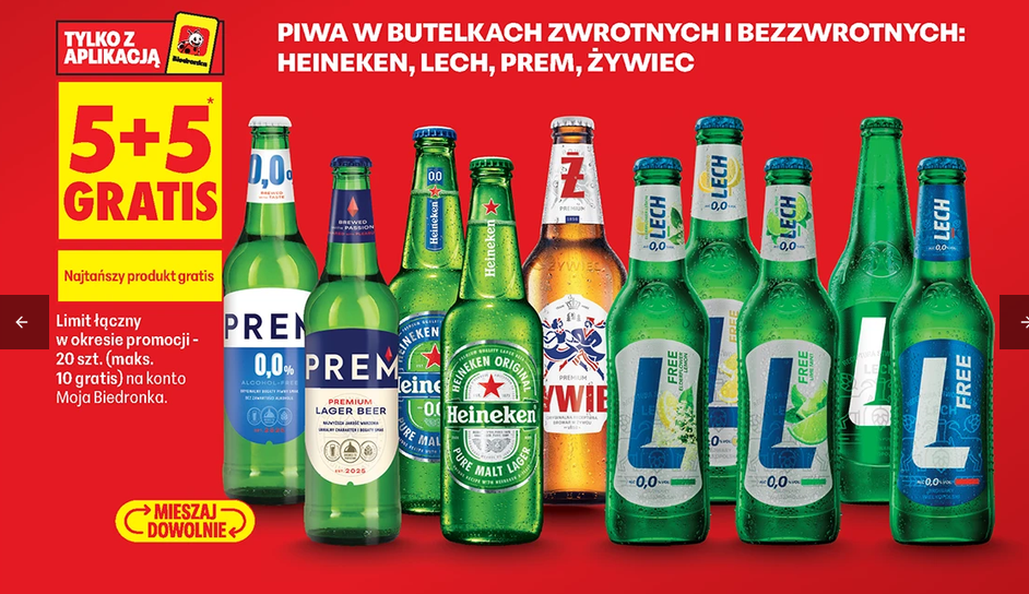 Piwa w butelkach zwrotnych i bezzwrotnych (5+5 GRATIS) - Biedronka