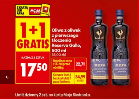 Oliwa z oliwek z pierwszego tłoczenia Reserva Gallo 500 ML (1+1 GRATIS) - Biedronka