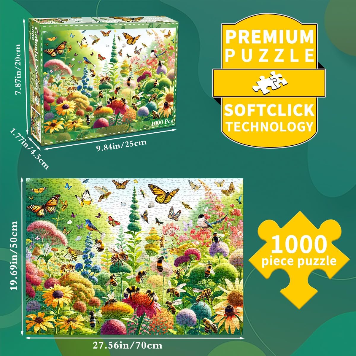 HUADADA Puzzle 1000 elementów - 50cm x 70 cm - motyle i pszczoły