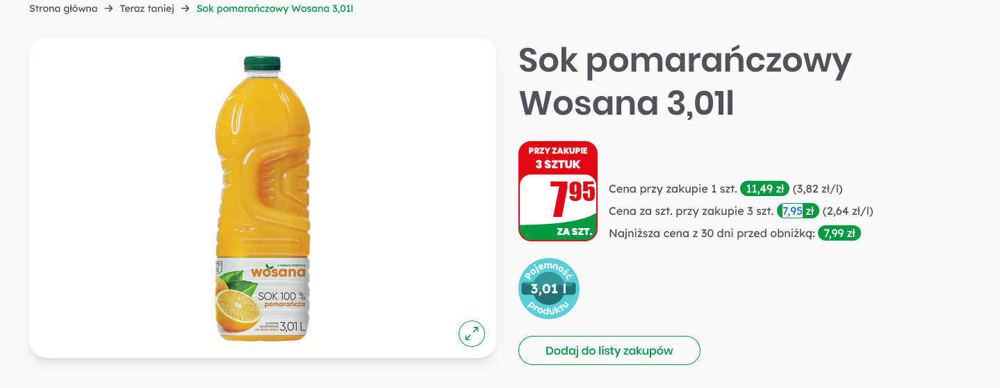 Sok pomarańczowy Wosana 3,01 L (przy zakupie 3 op.) - DiNO